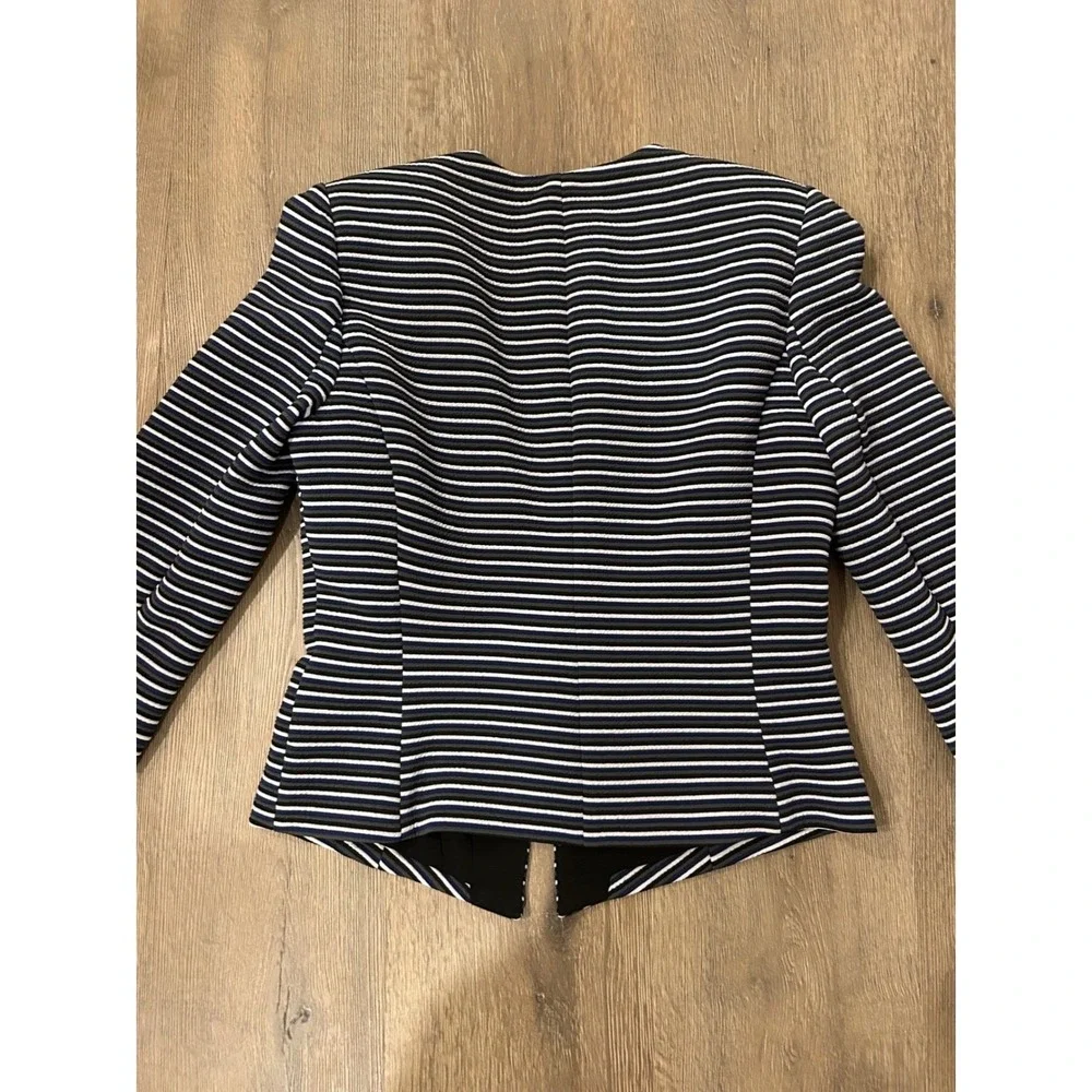 White‎ House Black Market Striped Open Front Blazer Navy Blue Black White Size 6